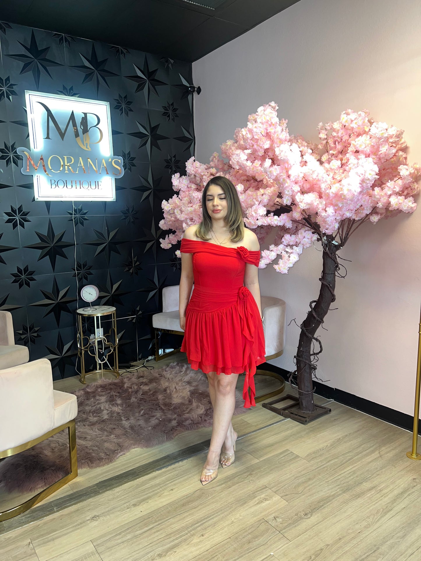 Rosette Off Shoulder Mini Dress