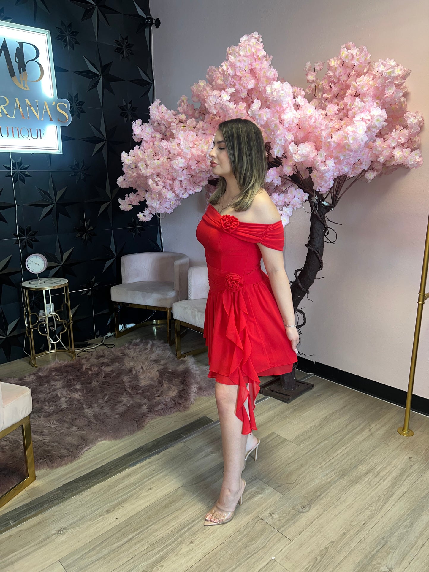 Rosette Off Shoulder Mini Dress