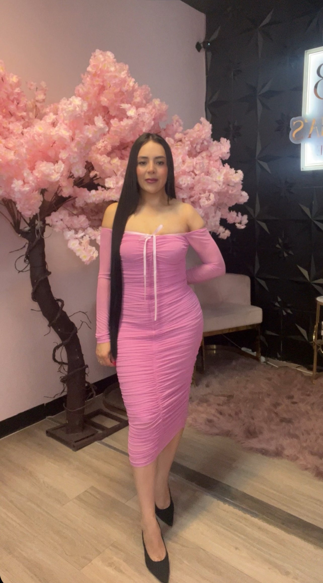 Andrea Long Sleeve Ruched Midi Dress