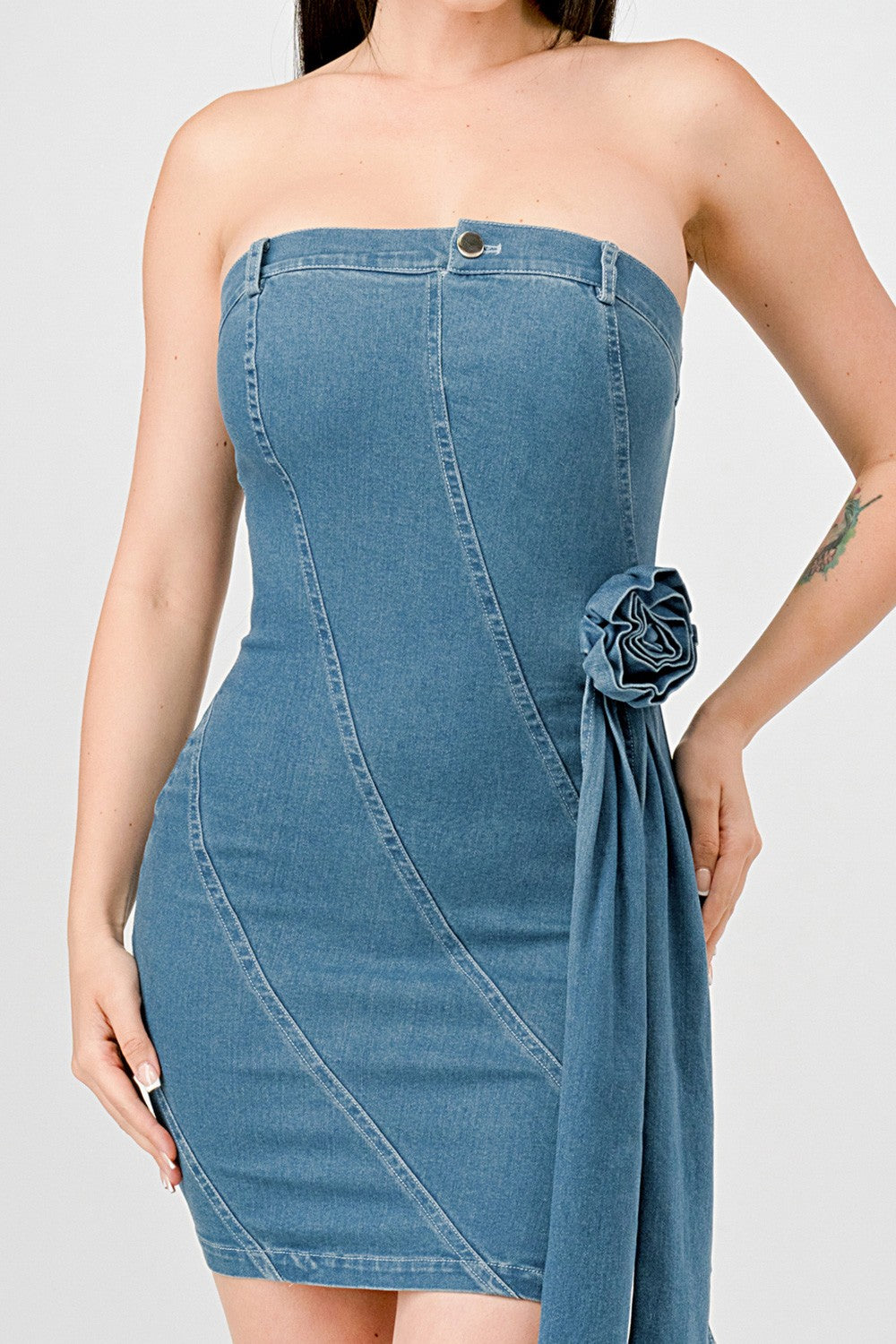 rosette denim mini tube dress Rosette Denim Mini Tube Dress